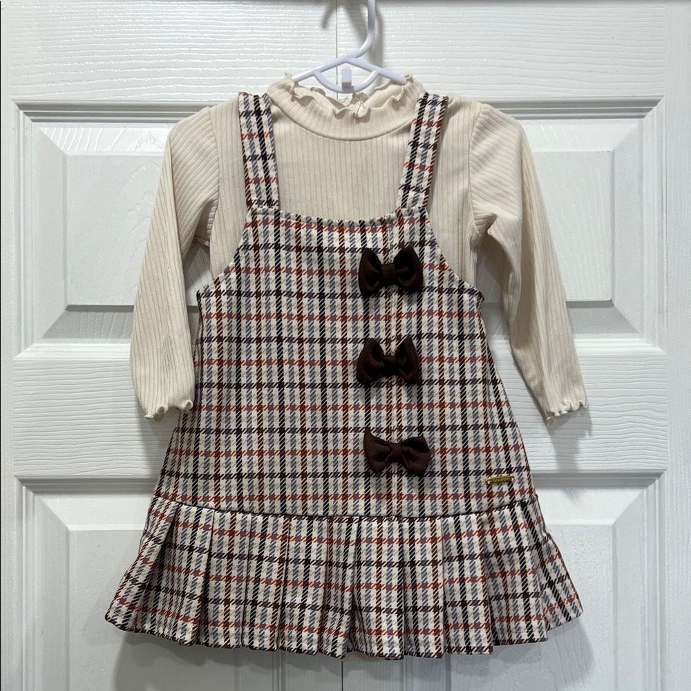 Tahari Cream and Brown Plaid Kids Dress
